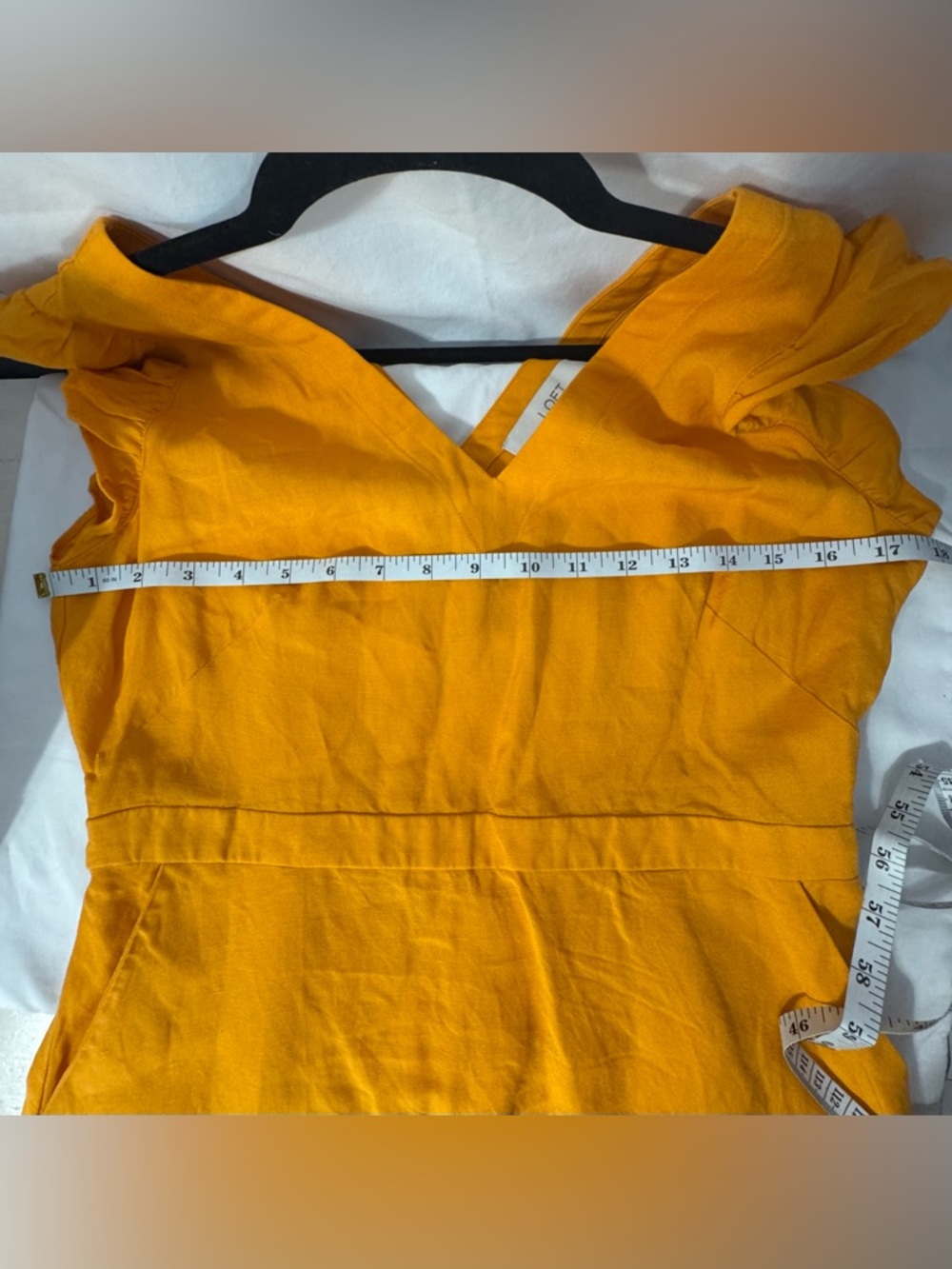 LOFT Linen Blend Mustard Yellow Midi Dress Sz 6 Ruffle Sleeve V-Neck w/ pockets! - Picture 9 of 10